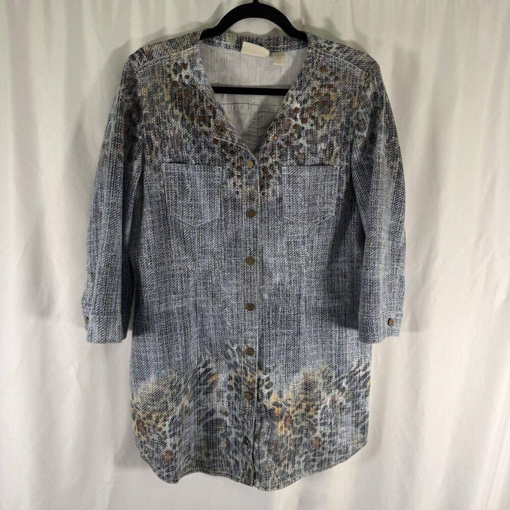 Chico's Jacket Women's Medium Blue Embellished Snap Button 3/4 Sleeve Pockets